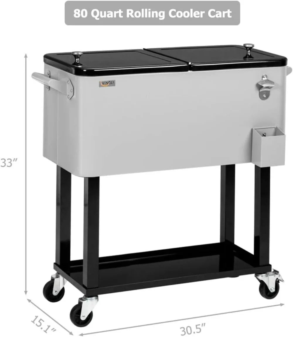 Rolling Ice Chest, 80QT Cooler Cart with Shelf, Beverage Pool, Bottle Opener, Portable Party Bar