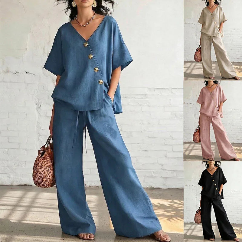 Casual Cotton Loose Pants Sets Women Summer Fashion Short Sleeve