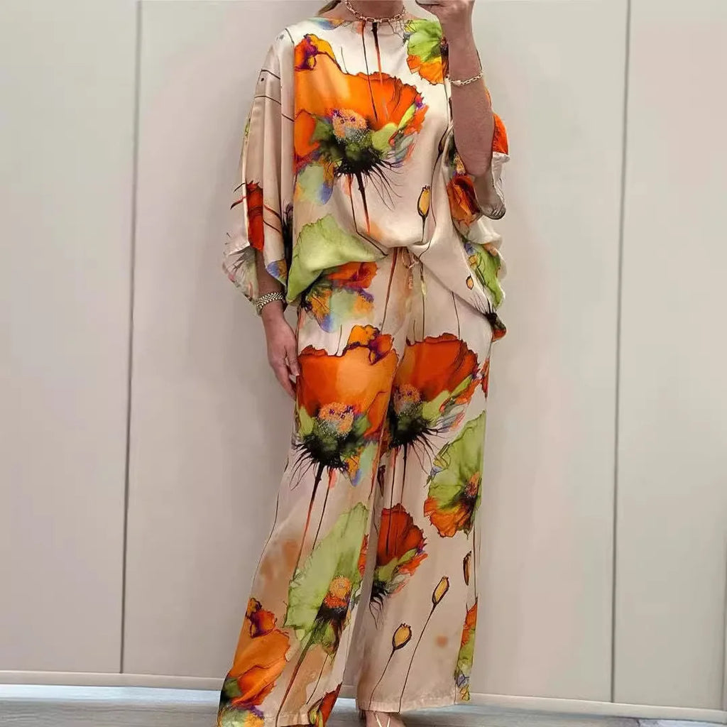 Casual Sets for Women 2 Pieces Summer Fashion Printed Satin Two Piece