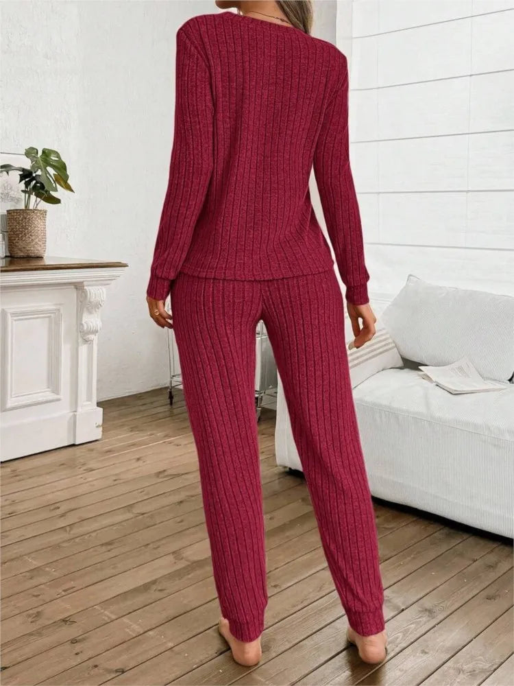 Casual V-Neck Knitted Pit Strip T-Shirt Long-Sleeved Womes Suit Autumn