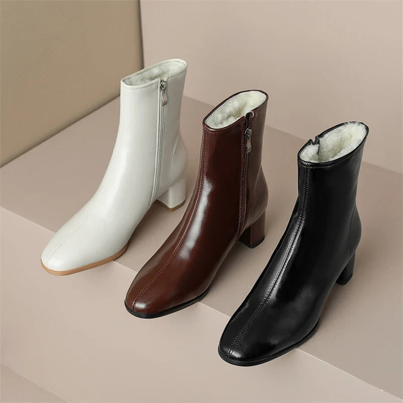 Meotina Women Genuine Leather Ankle Fur Wool Boots Round Toe Thick Mid Heel Zipper Ladies Fashion Short Boot Autumn Winter Shoes