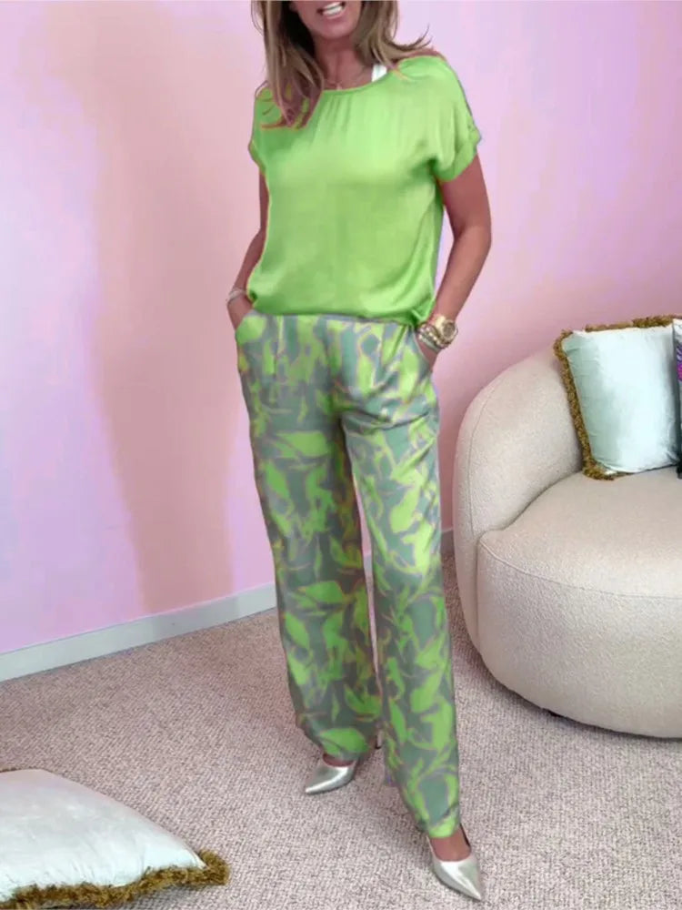 Casual O Neck Short Sleeved T Shirt Printed Trousers 2 Piece Spring