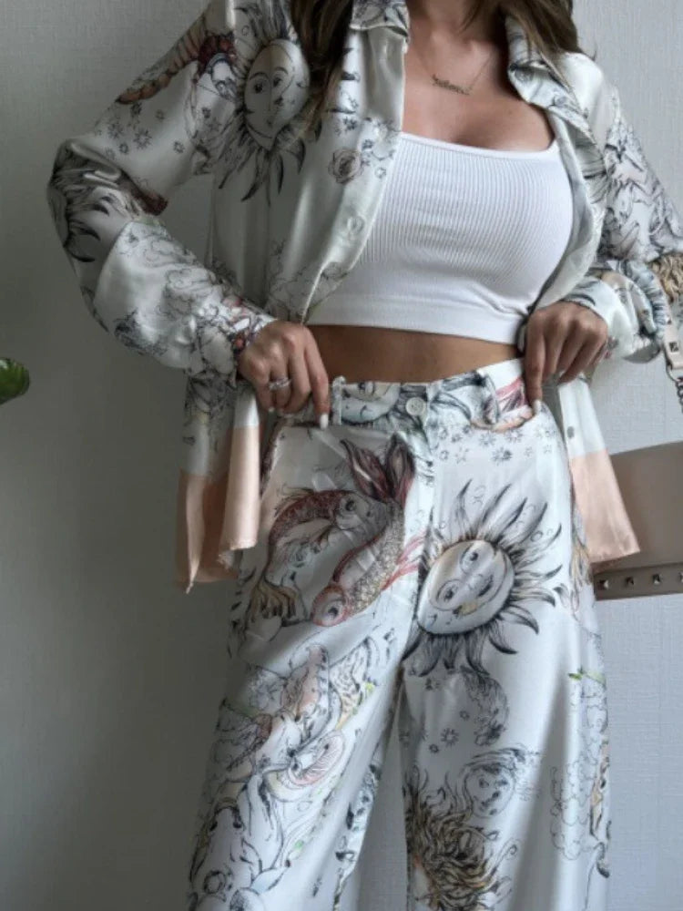 2 Pieces Set for Woman Summer New Elegant Print Long Sleeves Shirt