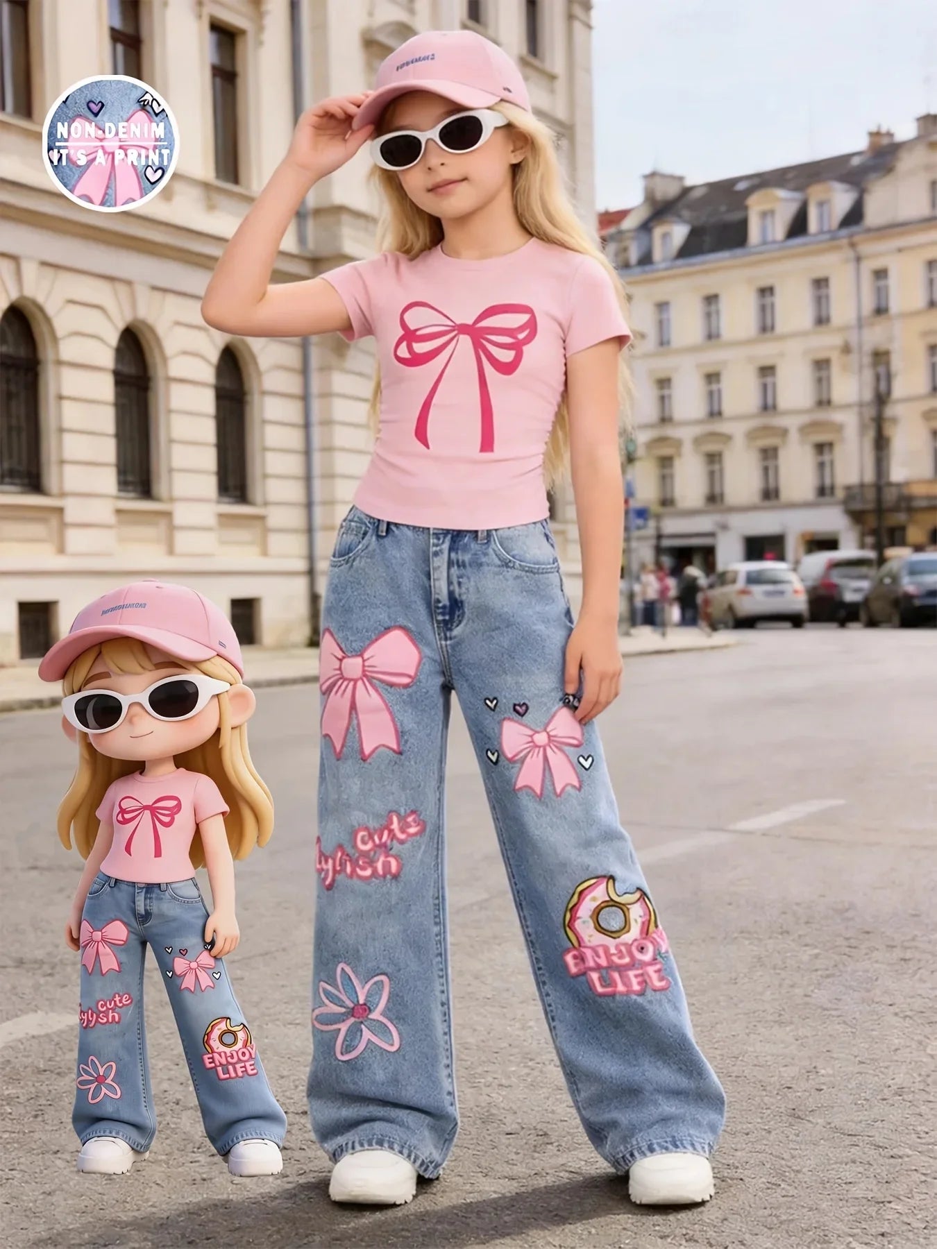 Girls' Y2K Style 2-Piece Set: Pink Bow-Print Slim-Fit Cropped Short-Sleeve Tee + Cartoon Donut, Bow, and Floral Print Wide-Leg J