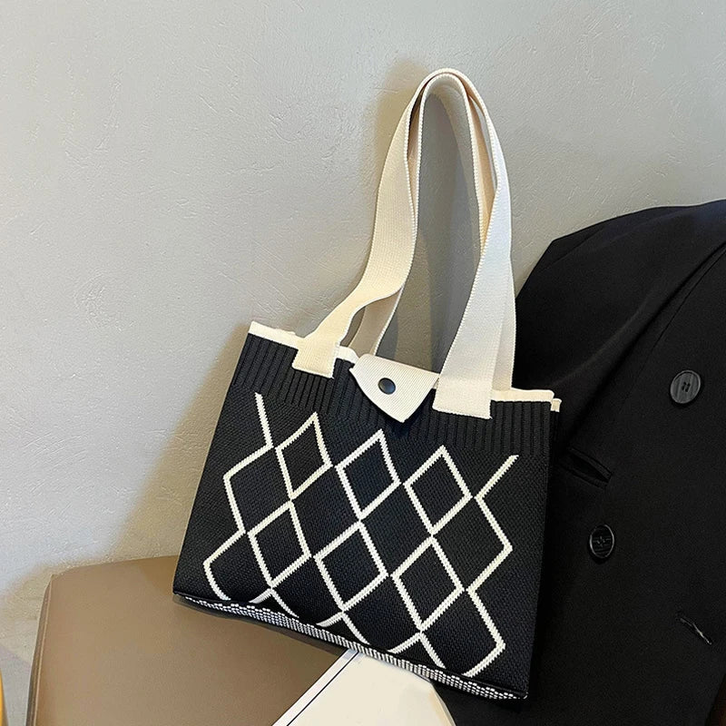 Rhombus Line Knitted Hand Bag Female All-Match Snap Button Portable Tote Bag Large Capacity Student Fine Needle Wallet Autumn