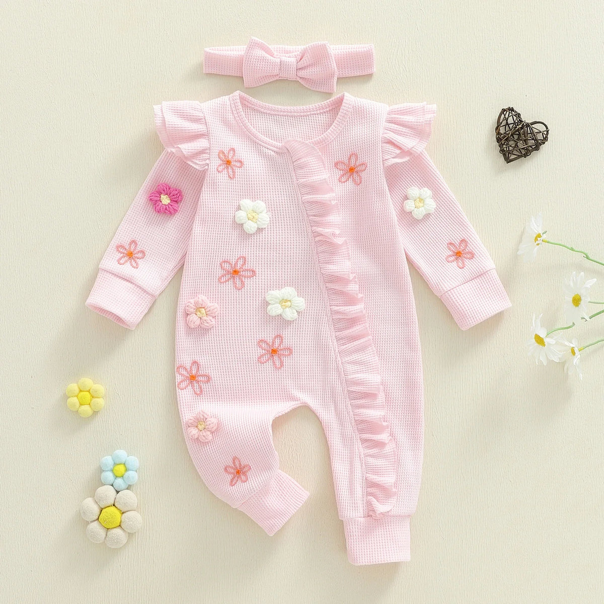 Citgeett Autumn Infant Baby Girl Fall Outfits Long Sleeve Flower Ruffle Jumpsuit Zipper Jumpsuit Headband Clothes Set