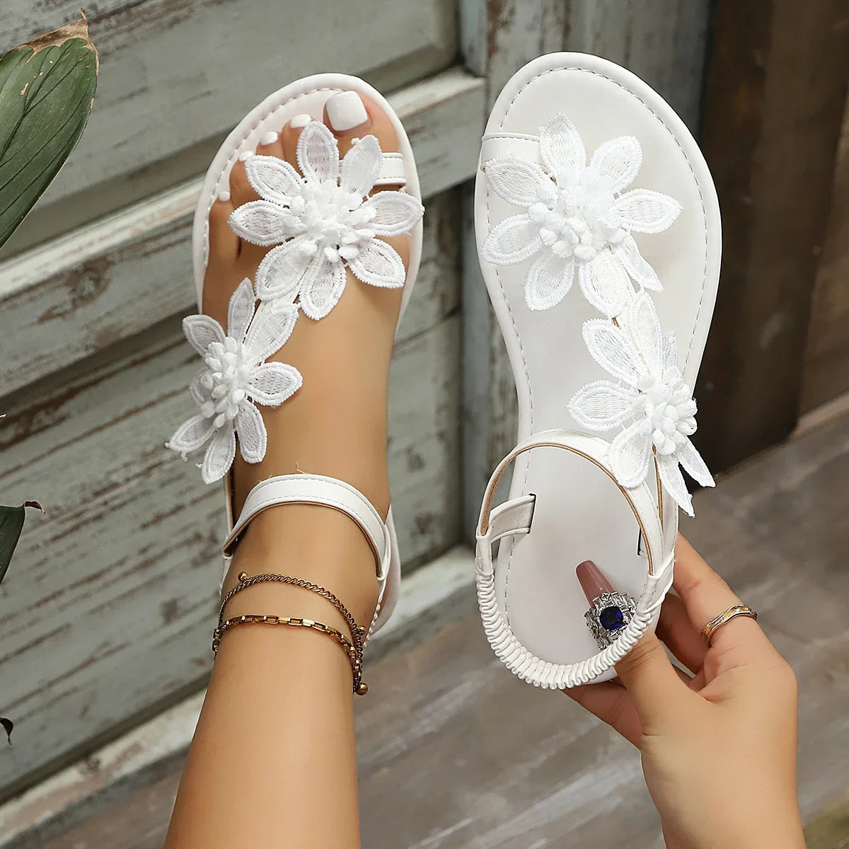 Delicate Floral Lace Flat Sandals for Women, Elastic Back Strap Open Toe Sandals, Elegant Summer Casual Shoes