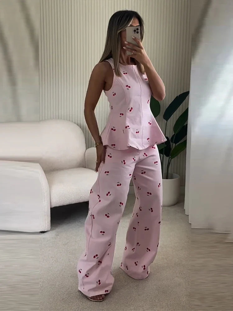 Casual Printed Women's Top Trouser Suits Sleeveless O-Neck Wide Leg