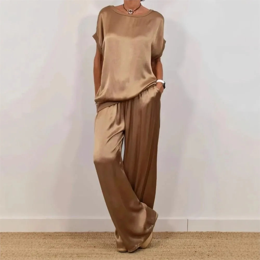 2-Piece Set Fashion Satin O Neck T-Shirt Top Trousers Summer Retro