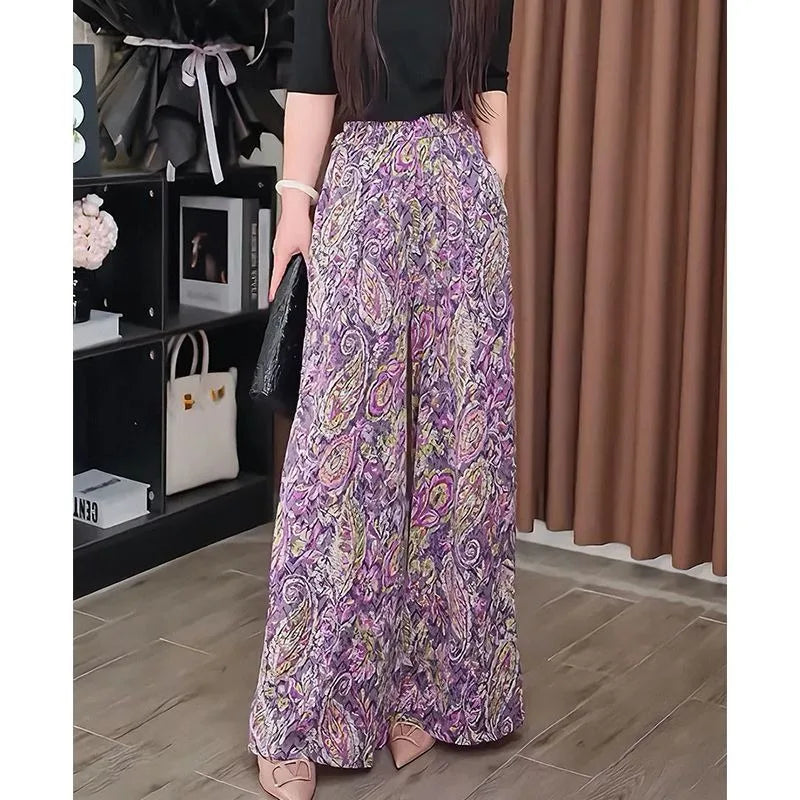 High Waist Summer New Style Printing Pocket Sunscreen Ice Silk Pants