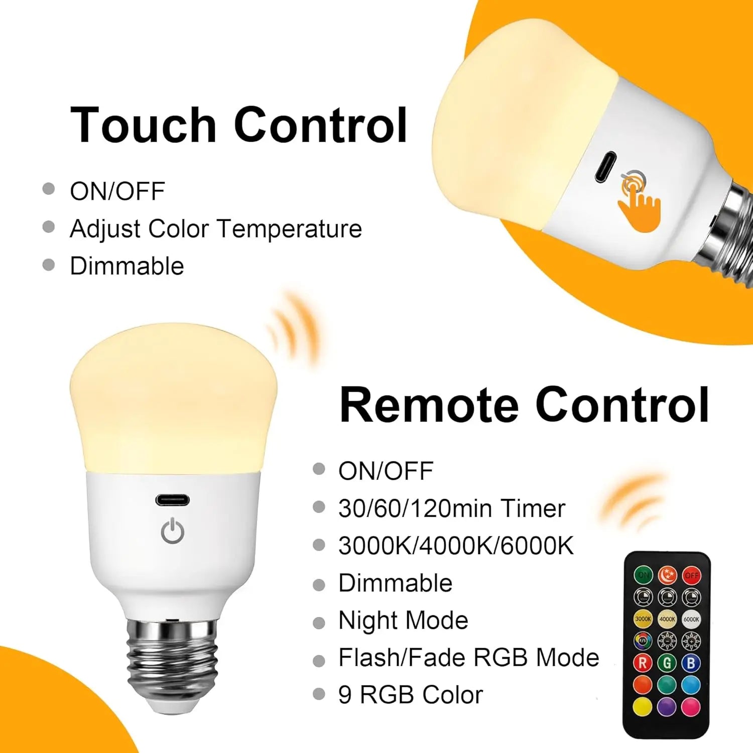 Usb Rechargeable Light Bulb with Remote Control Dim & RGB, Timer, Backup Emergency Light for Home or Outdoor