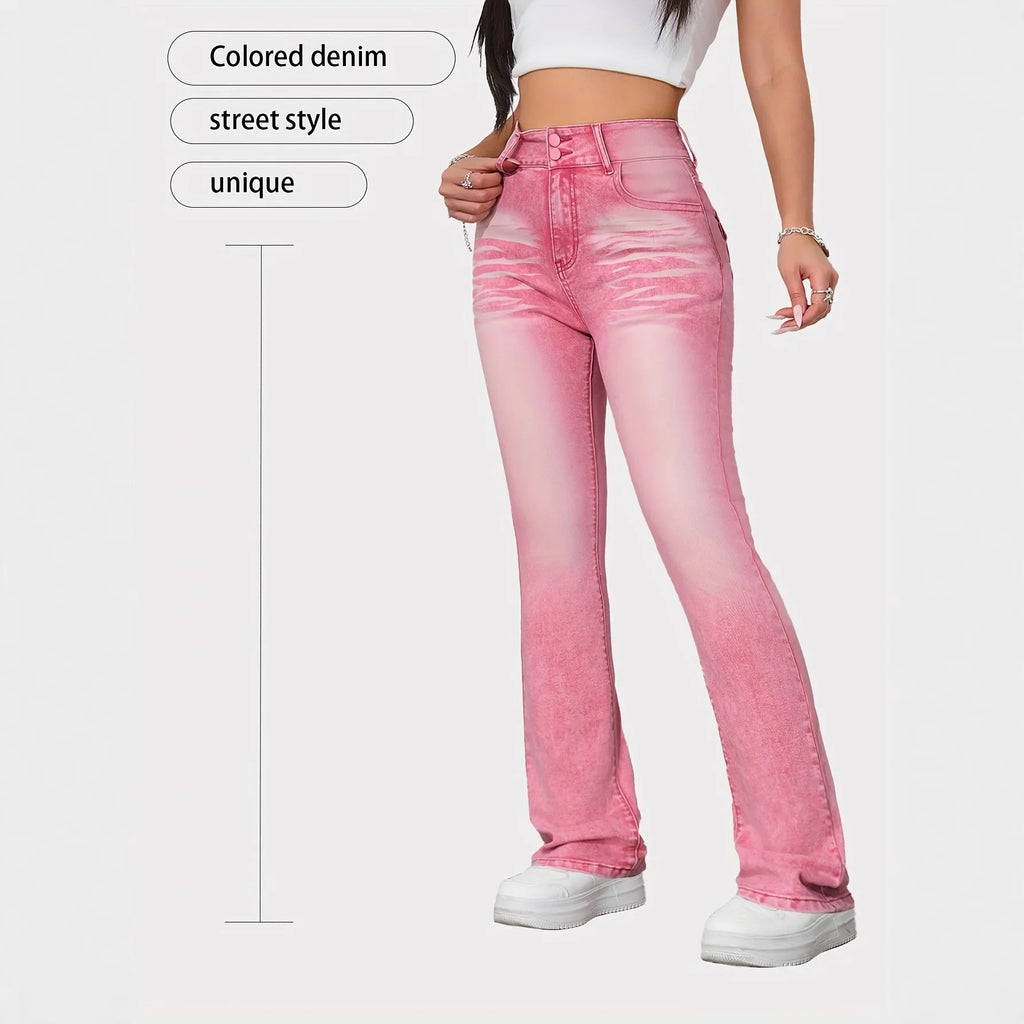 Slim Fit High Elasticity Colorful Candy Straight Leg Jeans Women's Pink Denim Pants Purple Pattern Long High Waist Jeans