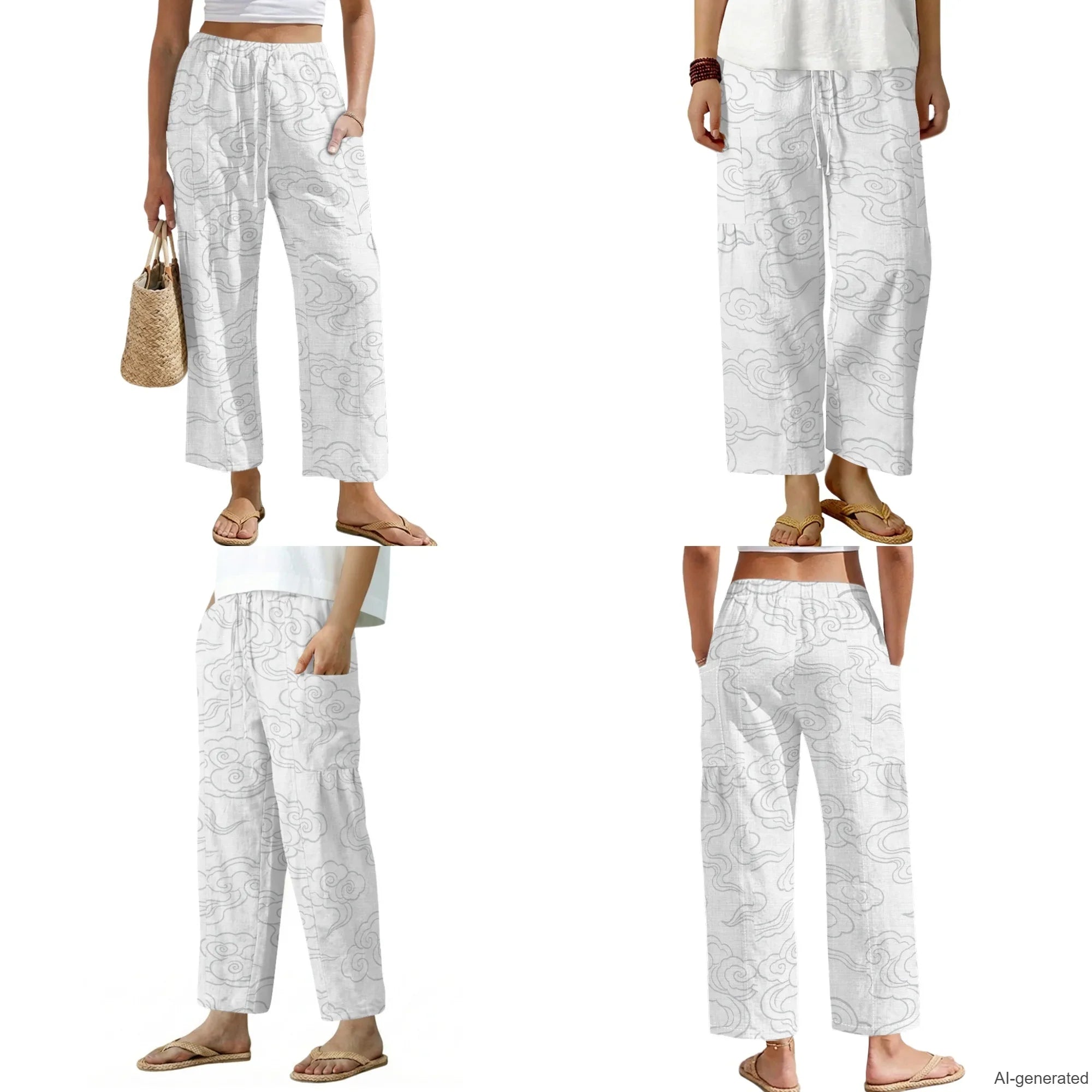 INSTANTARTS Elegant Sets Two Piece Set Linen Shirt Wide-leg Pants Set Wave Set for Woman Linen Pants and Blouse Set S-3XL