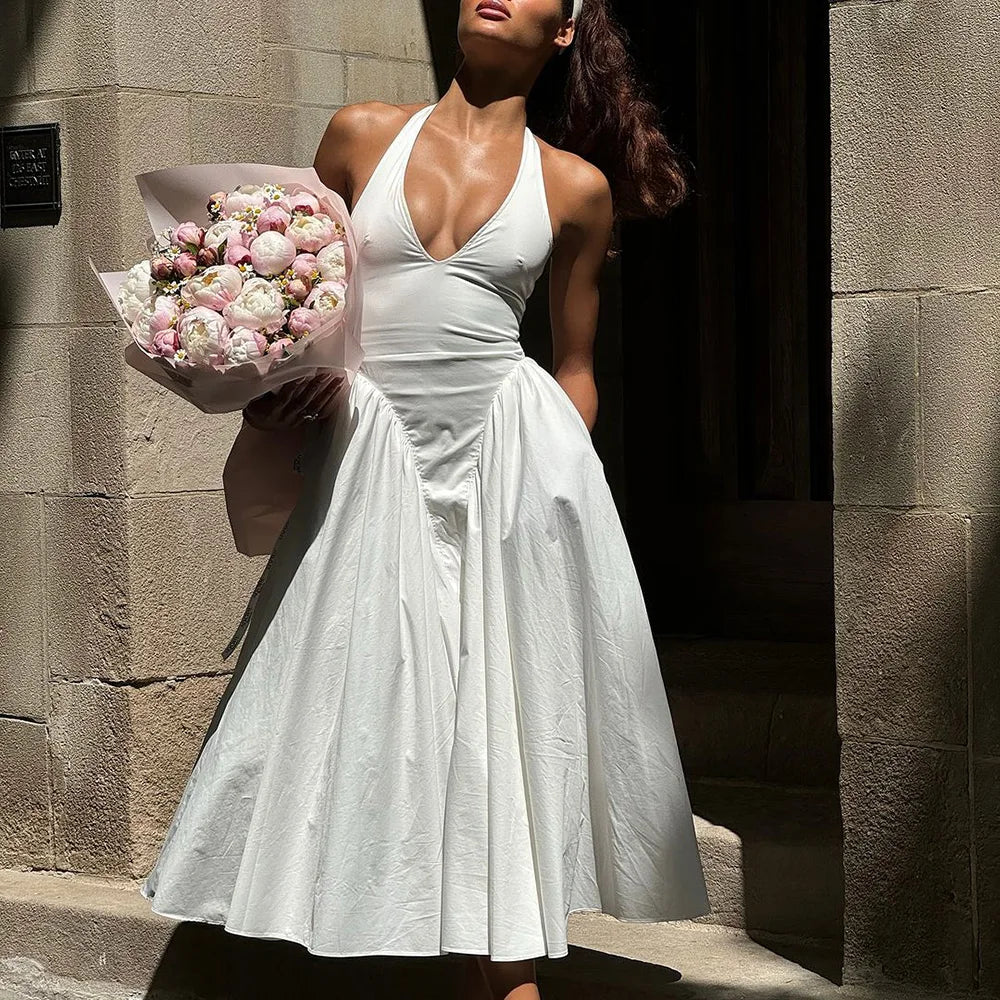 Talenza Backless Deep V Spliced Long Dress Summer Women's Sexy Party Dress Halter New Fashion Slim White Sleeveless Long Dress