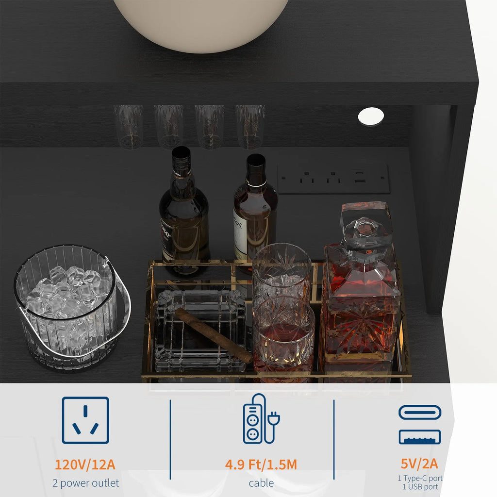 47" LED Wine Bar Cabinet With Glass Doors, 8 Bottle Rack, 15 Glass Holder, Drawers & Charging Station For Dining Room Kitchen