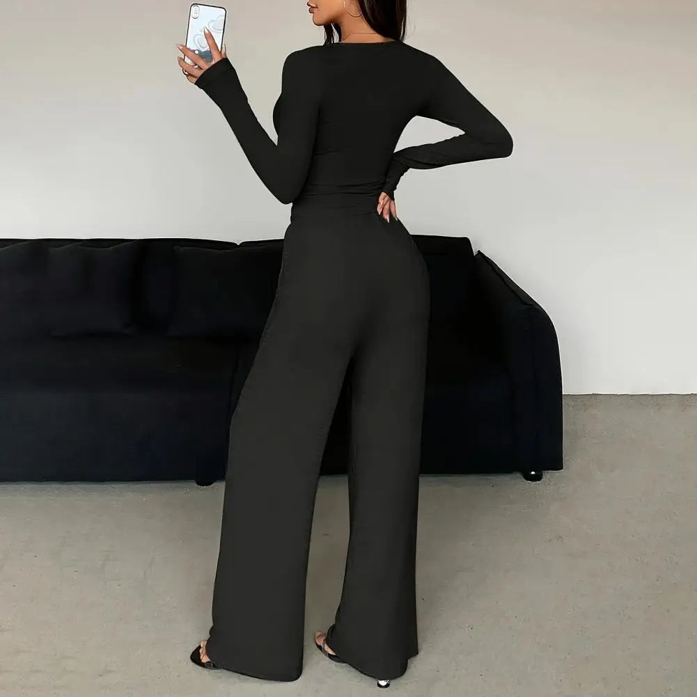 Button Up Crop Top & Wide Leg Pants Set, Women's Long Sleeve Matching