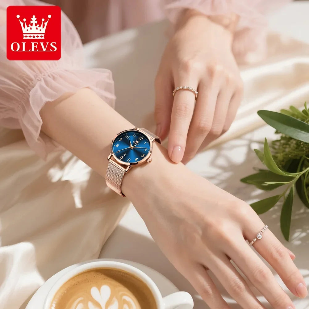 OLEVS 5653 Woman Watches Elegant Original Quartz Watch Waterproof Arabic Numerals Mesh Belt Date Ladies Watch Set Bracelet Watch
