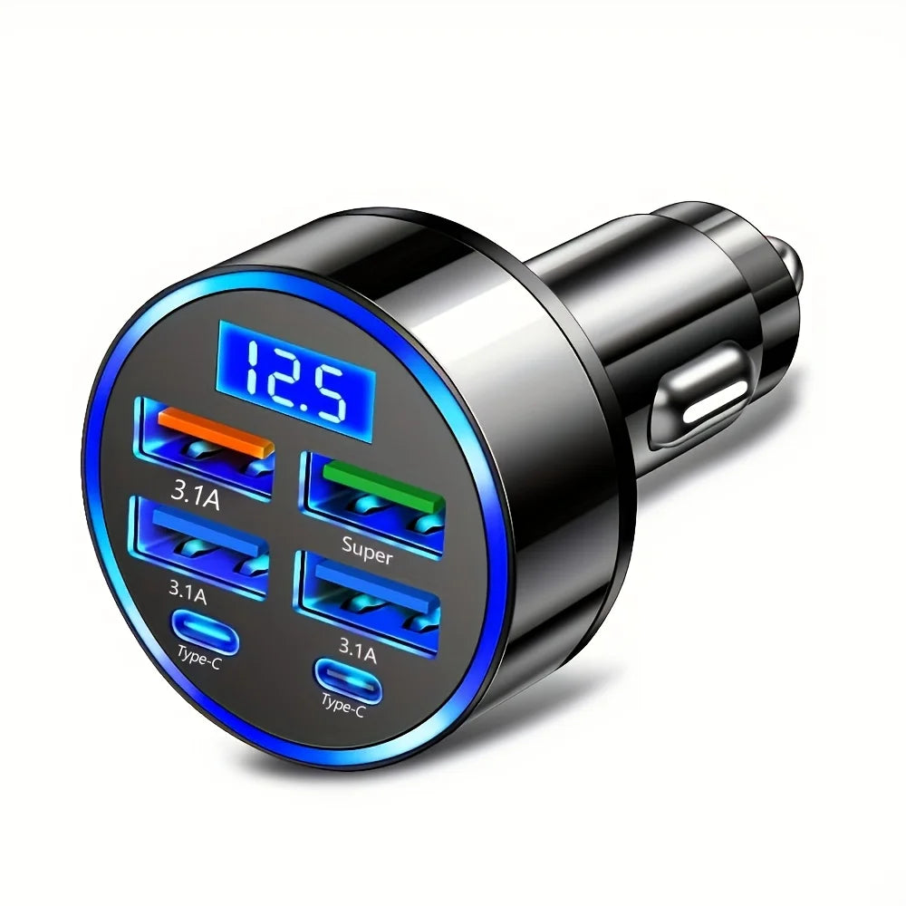 6-In-1 Fast Charging Car Adapter 3.1a Dual Type-C Digital Display