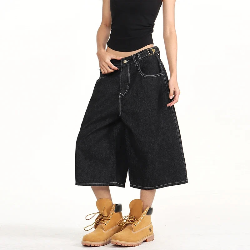 American Retro Baggy Wide Leg 3/4 Length Jean Women Y2K Vintage Spring