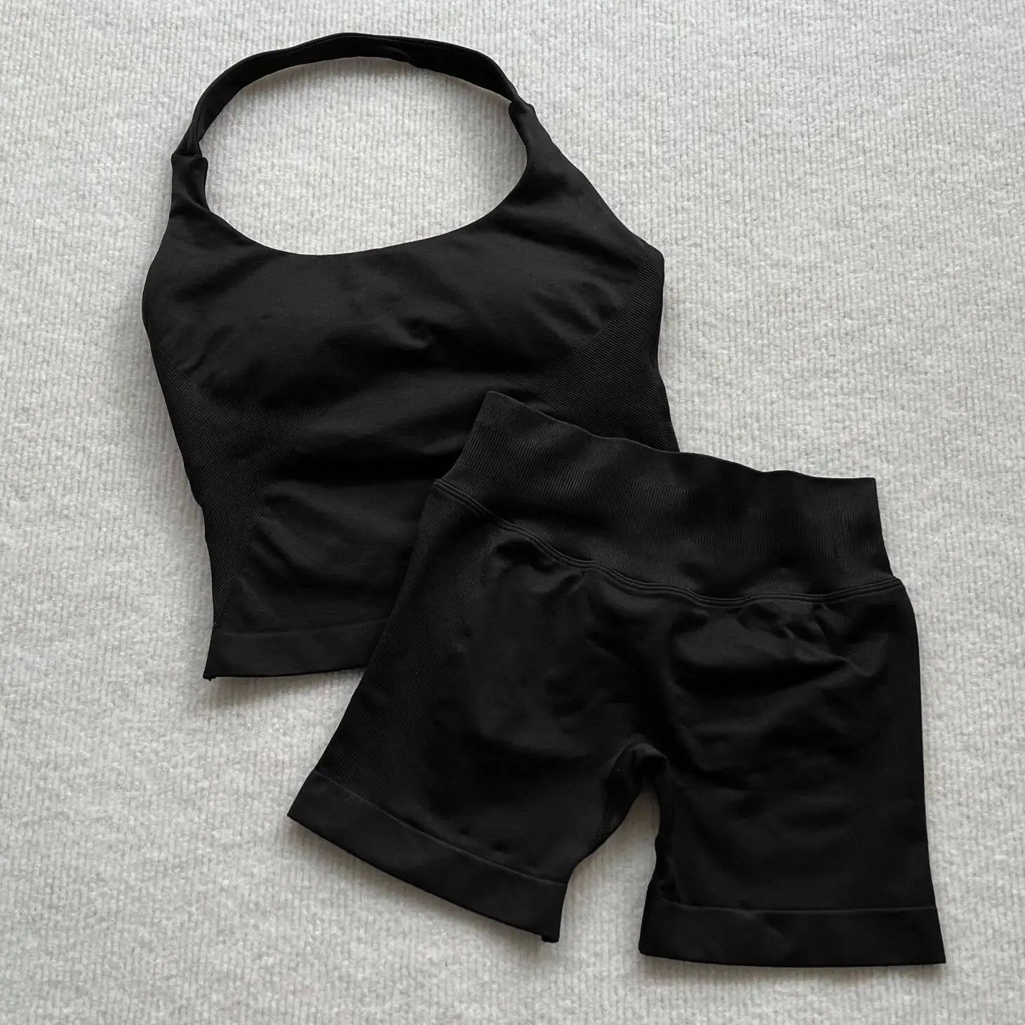 VEQKING Seamless 2pcs Women Yoga Sets Open Back Longline Sports Halter Bras Running Tank Tops Scrunch Butt Gym Workourt Shorts