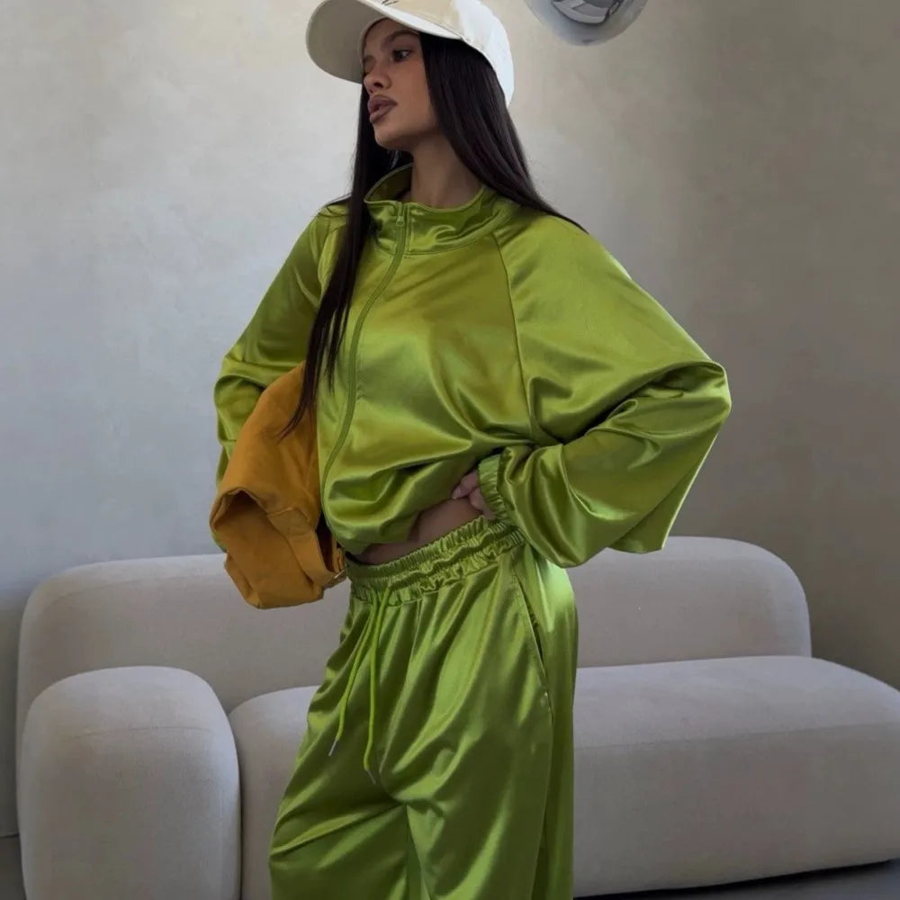 2026spring Autumn New Satin Women's Sports Suit Fashion Zipper Long