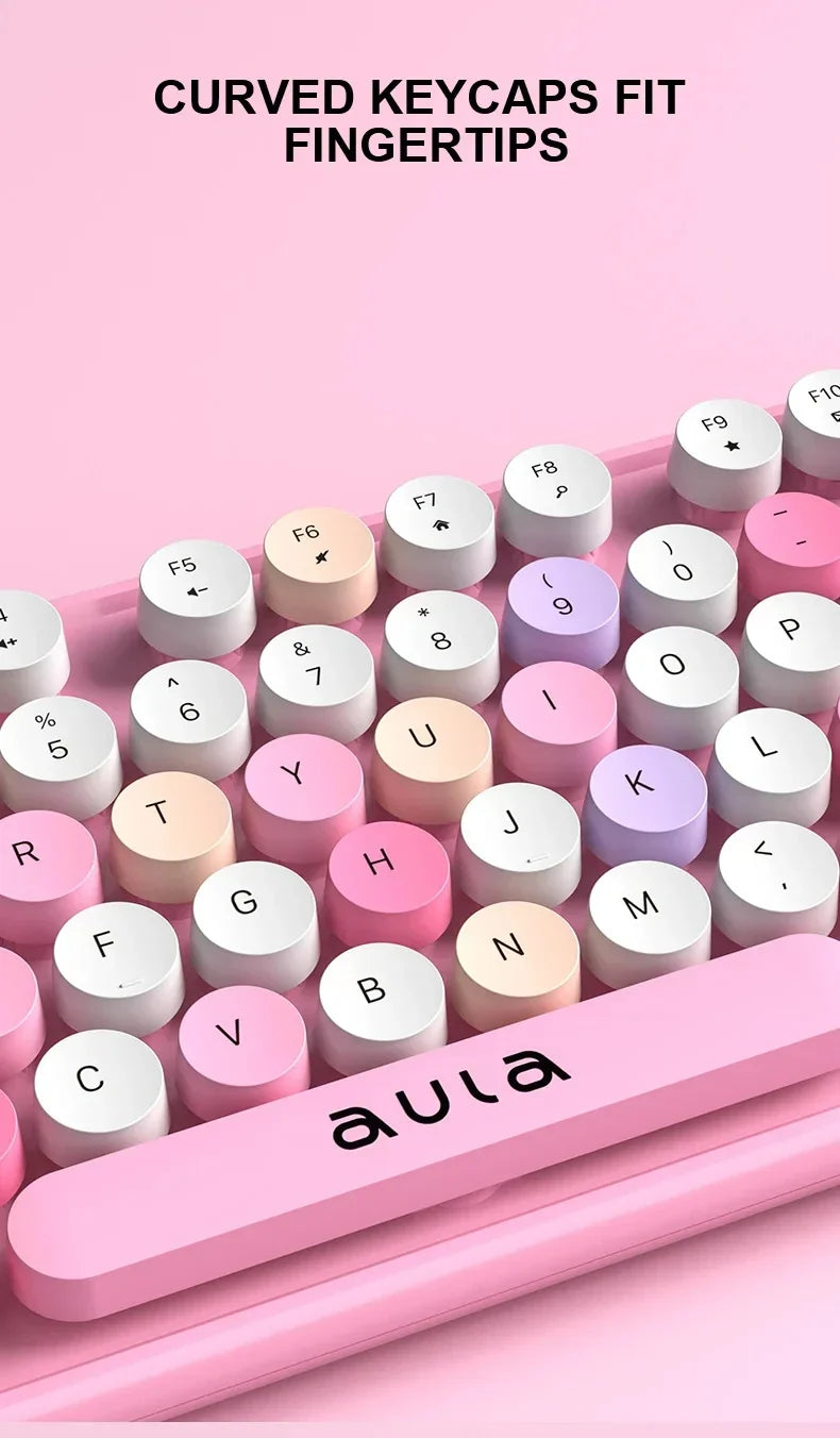 AULA AC306™ Wireless Retro Round Keycap Keyboard & Mouse Set – Silent 2.4G, Pink & Coffee | FlipStylez LLC®