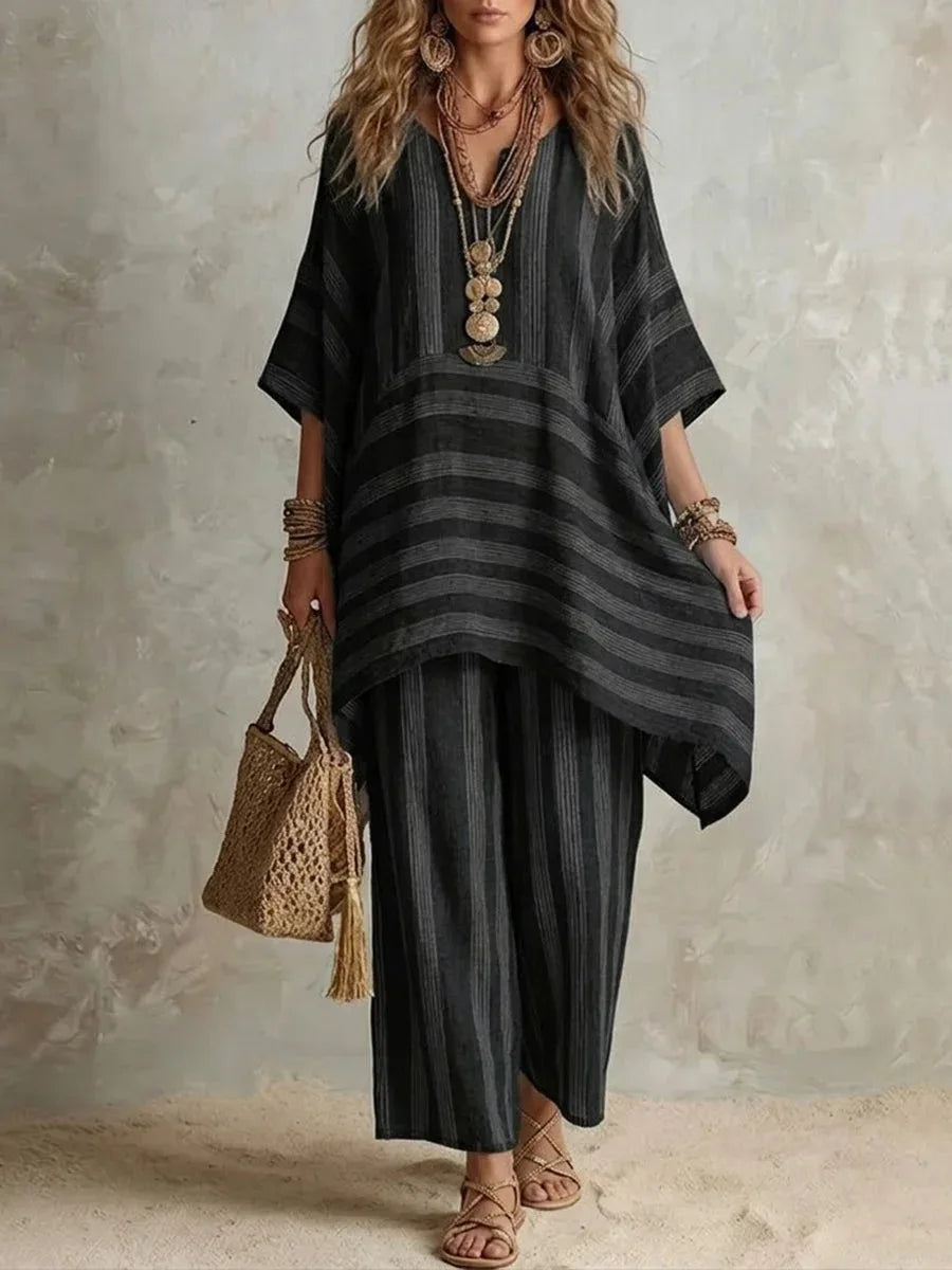 New Women's Two Piece Spring/summer Fashion V-Neck Loose Striped