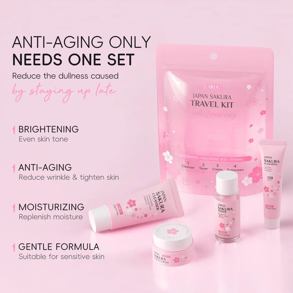 LAIKOU Japan Sakura Full Skincare Set Cleanser Toner Serum Cream Eye Cream Sunscreen Travel Kit Complete Facial Care