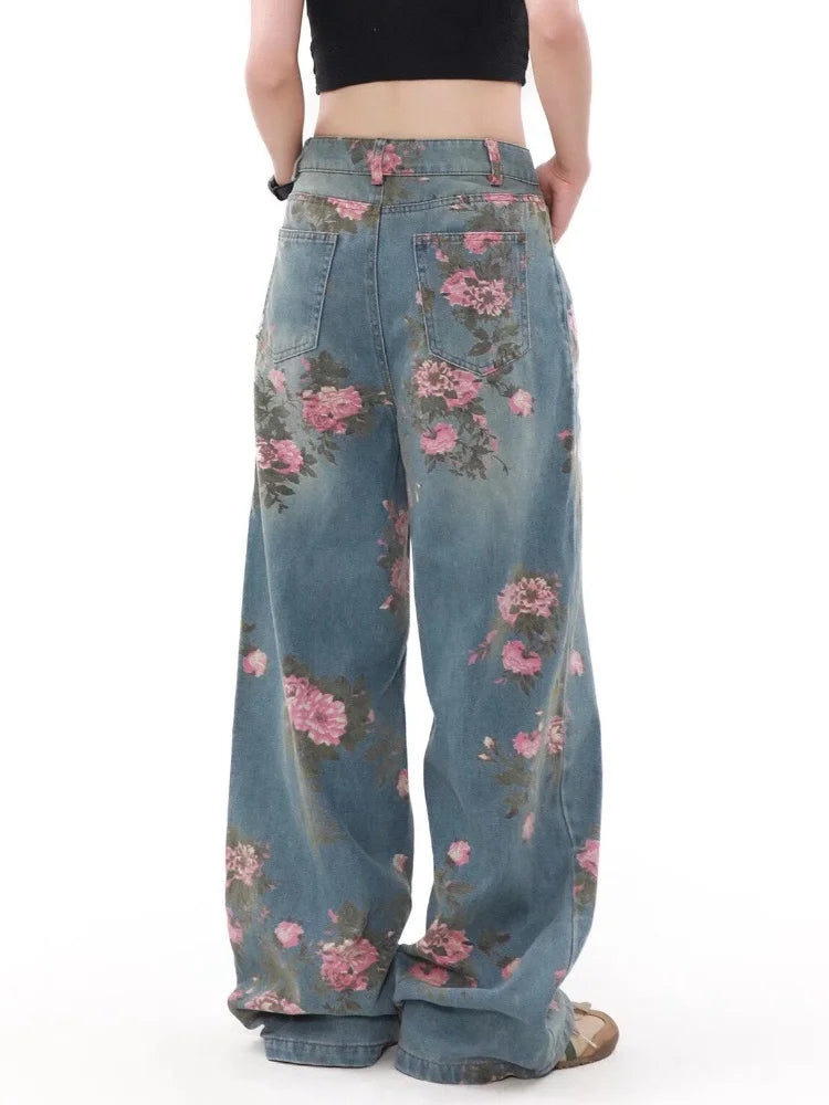 2026 Ropa Y2K Fashion Peach Blossom Printed Baggy Jeans Pants For Women Clothing Wide Leg Casual Lady Trousers Pantalon Femme