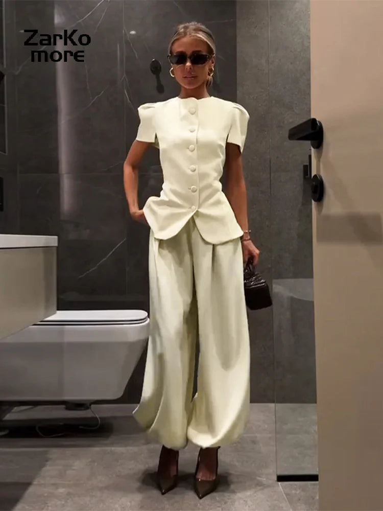 Casual Women's Waist Cinched Blazer Pants Set O-Neck Puff Sleeve