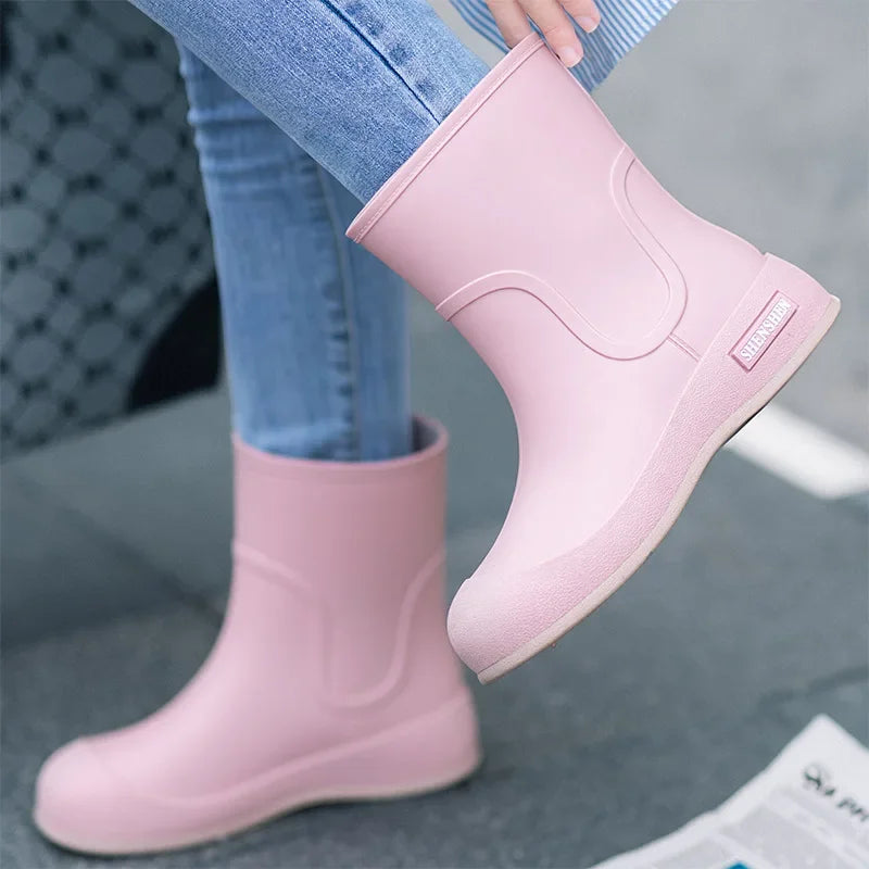 Fashionable women's rain boots for outdoor wear, mid-calf waterproof and anti-slip rubber shoes for kitchen work, water boots
