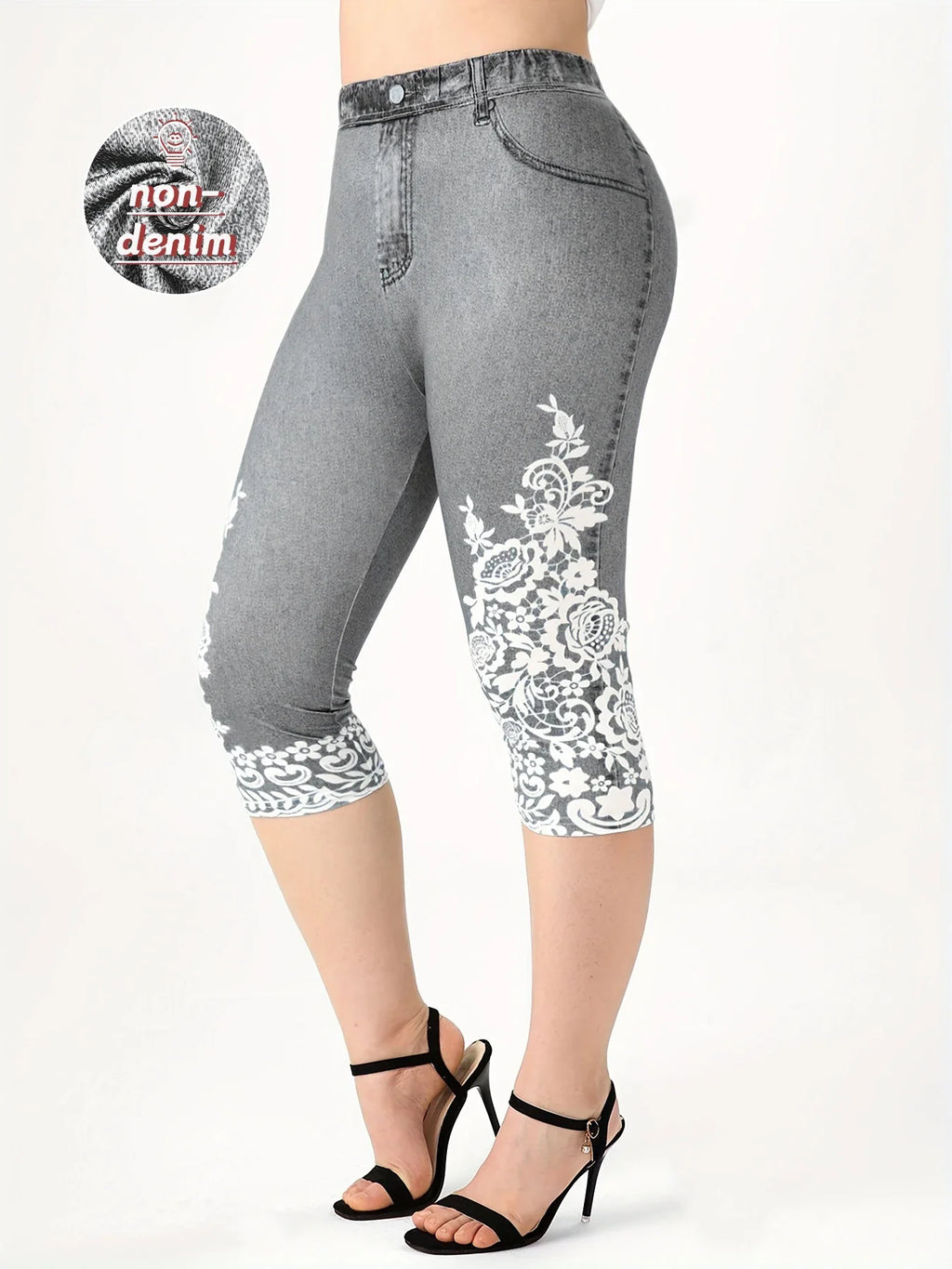 Plus Size Women's Imitation Denim Printed Tight Capri High Elasticity Knitted Fashion Casual Leggings