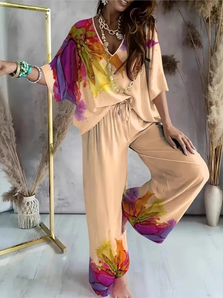 Autumn Print Two-Piece Set Women V-Neck Bat Sleeve Set Top Casual