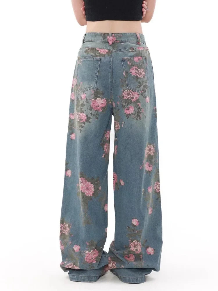 2026 Ropa Y2K Fashion Peach Blossom Printed Baggy Jeans Pants For Women Clothing Wide Leg Casual Lady Trousers Pantalon Femme