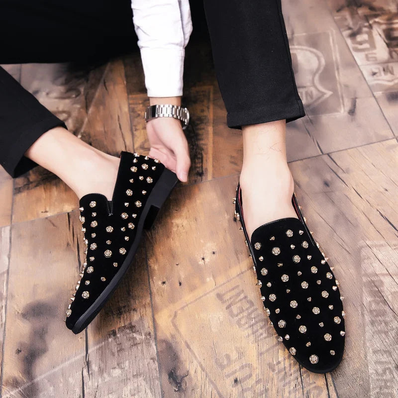 2024 New Brand Black Spikes Mens Loafers Luxury Shoes Denim And Metal Sequins High Quality Casual Men Shoes Wedding Flats Shoes