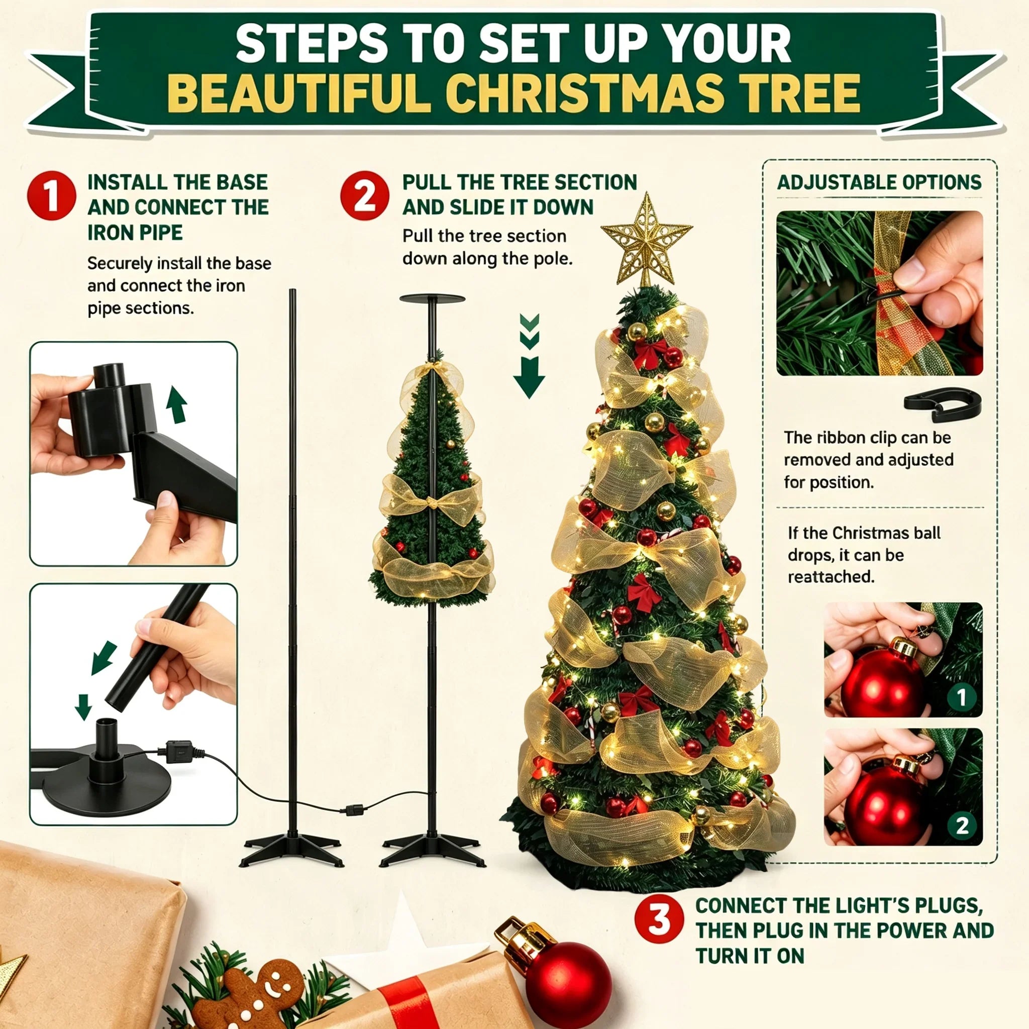 Foldable PVC Christmas Tree 1.5/1.8/2.1M with DIY Ornaments & USB Remote LED String Lights, Retractable Xmas Tree for Home Holid