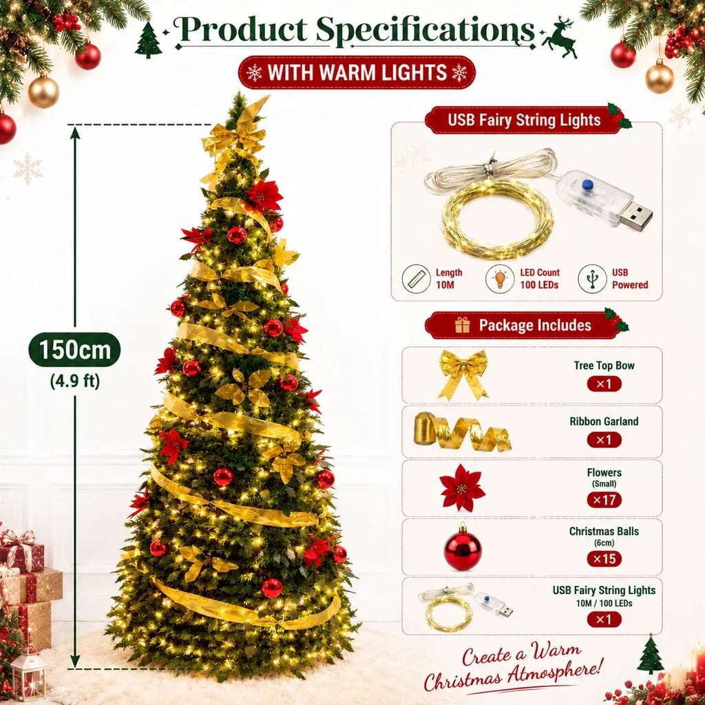 Green PVC Christmas Tree 1.5/1.8/2.1M Pre-Decorated Bow Topper Flowers,Foldable Xmas Tree Optional USB Lights Holiday Home Decor