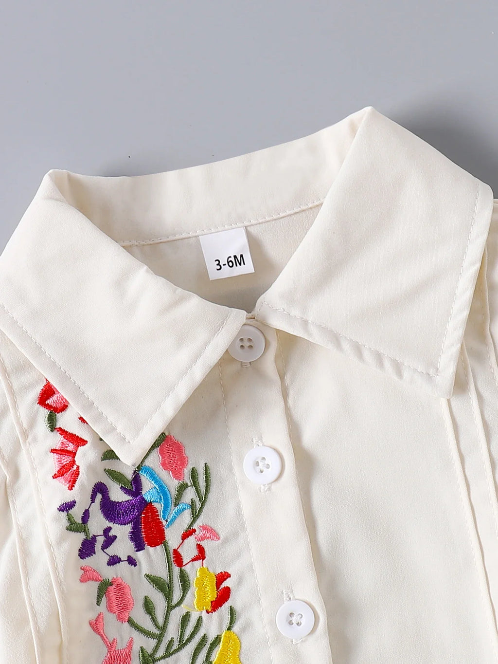 Baby Boy Beige Outfit, Floral Embroidery Collared Shirt & Shorts