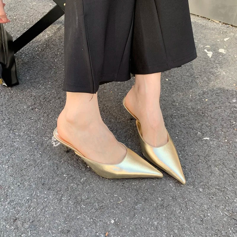 Luxury Designer Women's Shoes New Exquisite Pointed Tip High Heeled Slippers for Woman Fashion Baotou Casual Shoes Zapatos Mujer