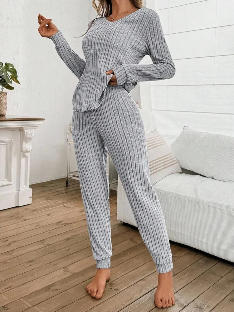 Casual V-Neck Knitted Pit Strip T-Shirt Long-Sleeved Womes Suit Autumn
