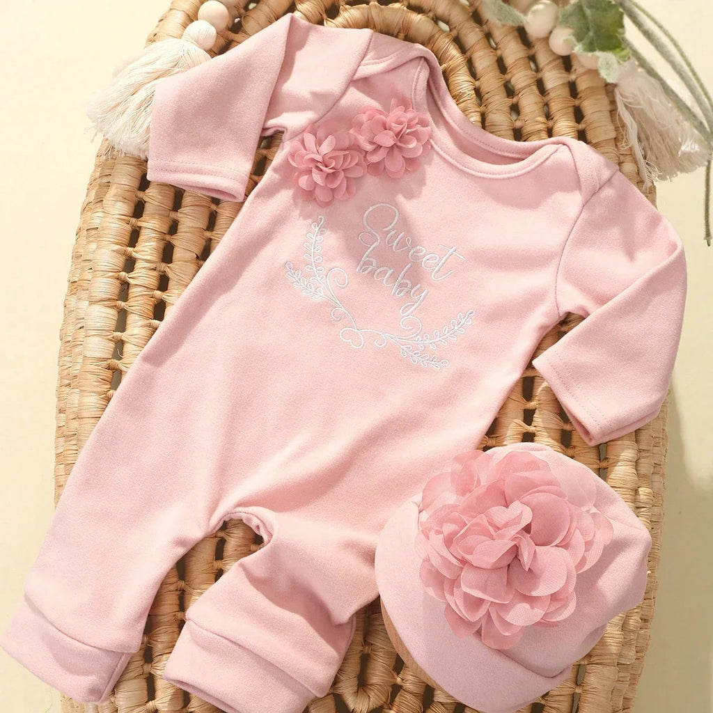 2pcs Newborn Rompers Spring Autumn Baby Girl Clothes Floral Cotton Blend Jumpsuit Overall + Hat Suit for 0-6 months