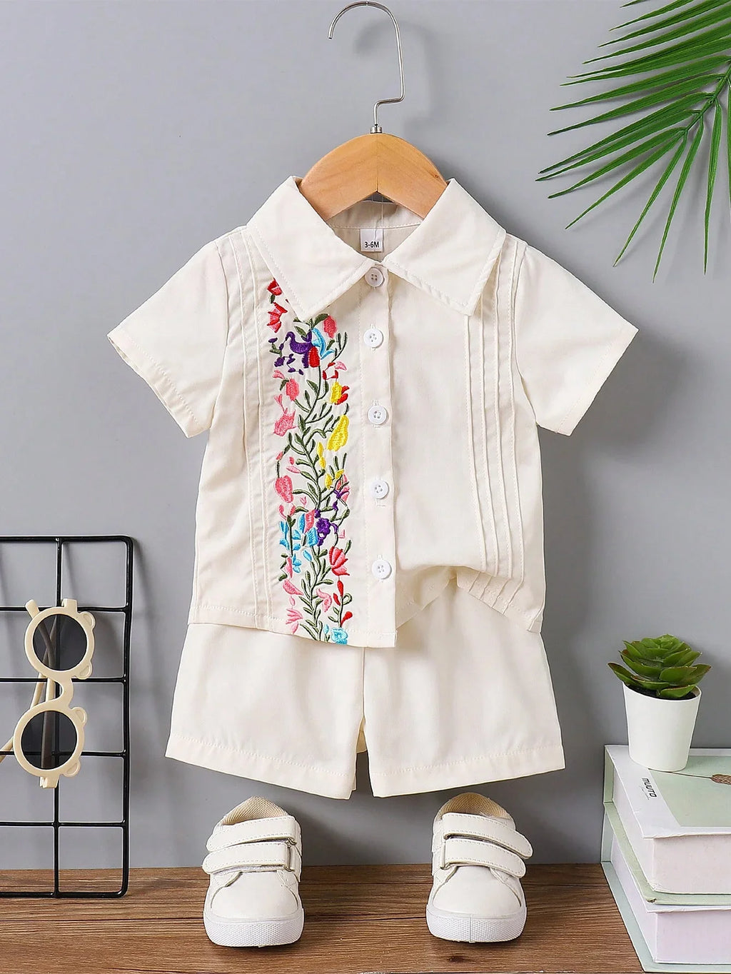 Baby Boy Beige Outfit, Floral Embroidery Collared Shirt & Shorts