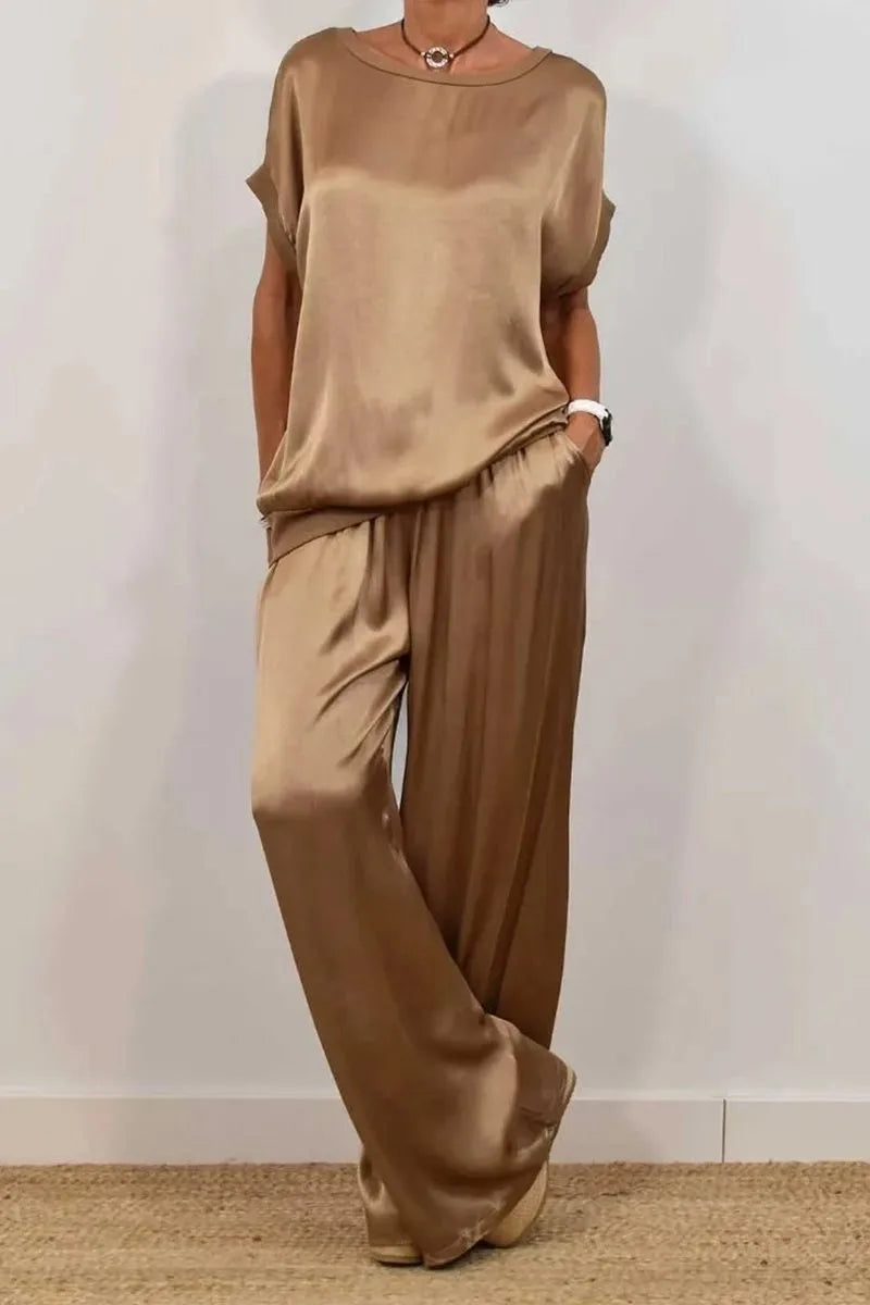 Summer Satin Two Piece Sets For Women V Neck Bat Sleeve Top Casual Loose Lace Up Wide-leg Pants 2 Piece Suit Female Home Outfits
