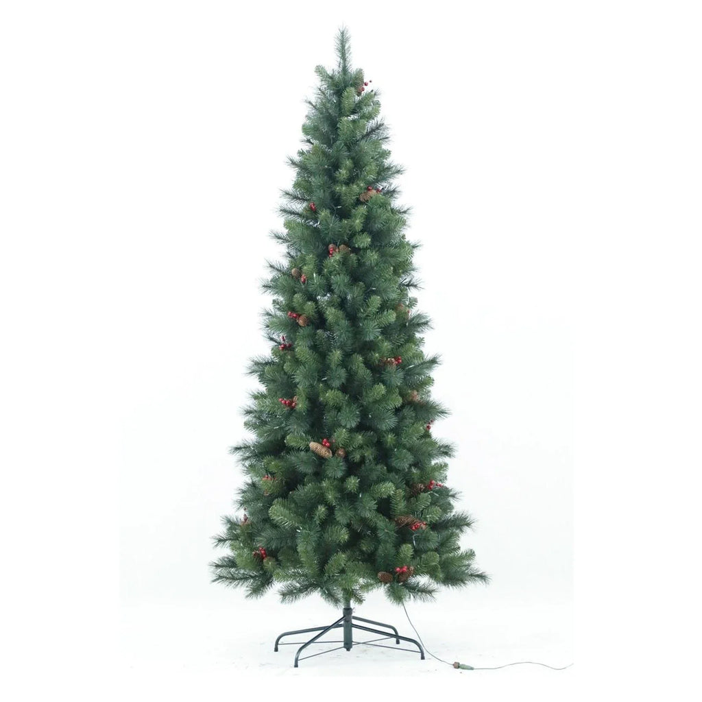 7Ft Artificial Christmas Tree, Pre Decorated Christmas Tree with Pine Cones & Red Berries, Metal Stand for Home, Xmas Trees for Home, Office, Shop Decoration