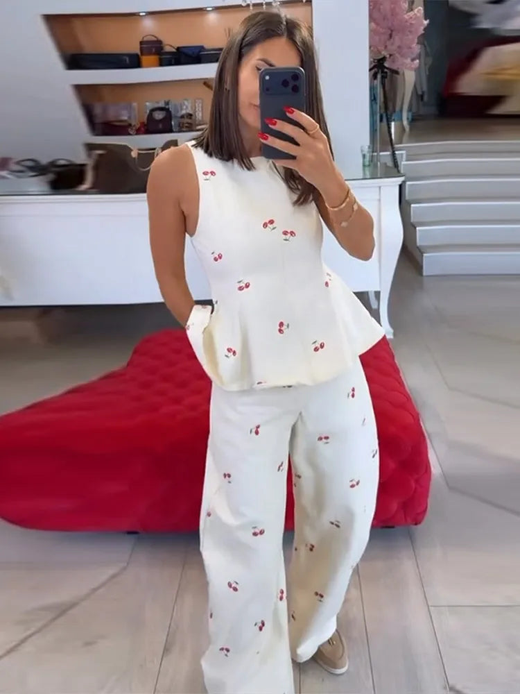 Casual Printed Women's Top Trouser Suits Sleeveless O-Neck Wide Leg