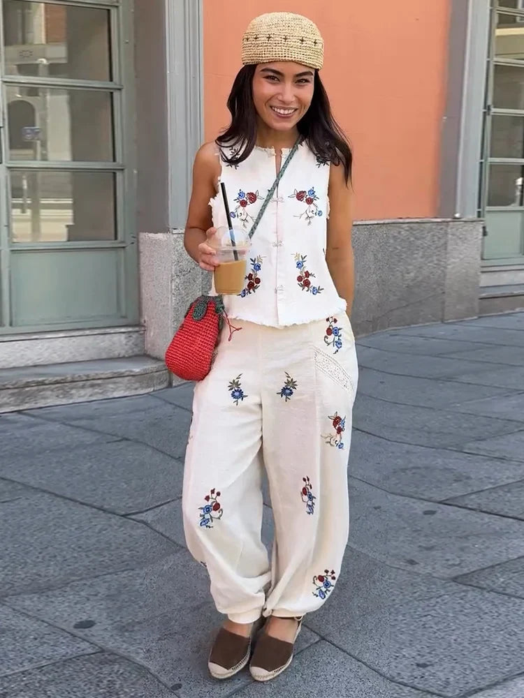 Casual Print Top Pants Women Set Elegant O-Neck Sleeveless Button Vest