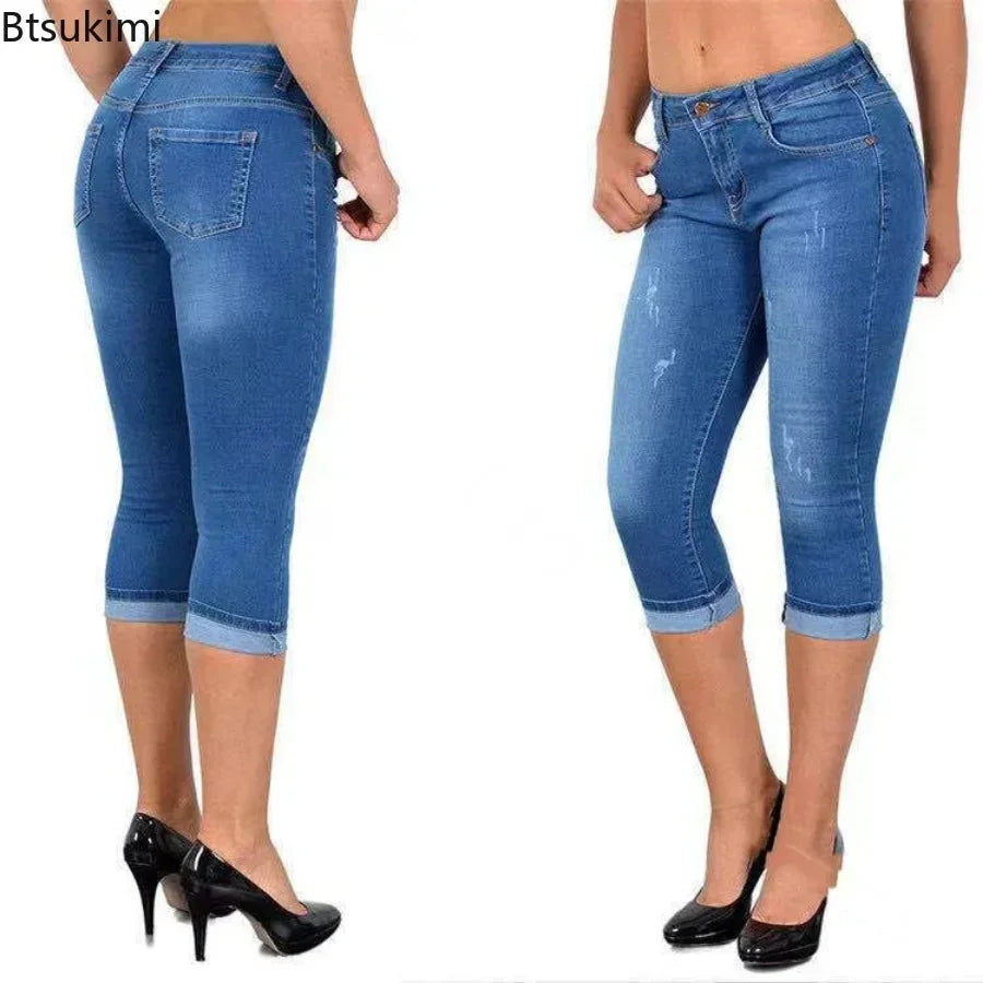 Summer Women's Skinny Denim Pants Mid Waist Stretch Capri Pants Knee