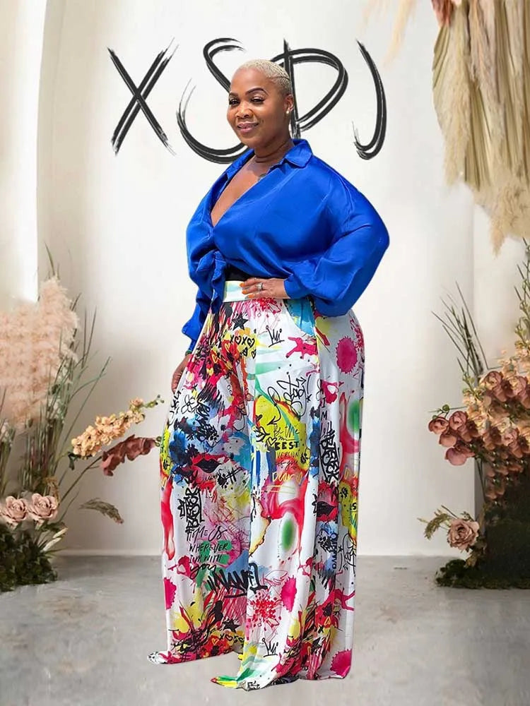 2piece Woman Outfit Streetwear Blue Silk Blouses Women Plus Size