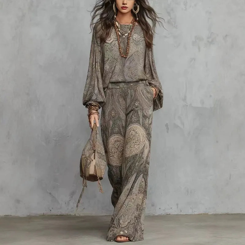 Boho Women 2‑piece Outfit Vintage Paisley Print Long‑sleeve Blouse