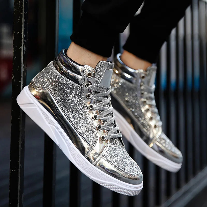 Fashion Men High Top Sneakers Male Ankle Boots Gold Luxury Glitter